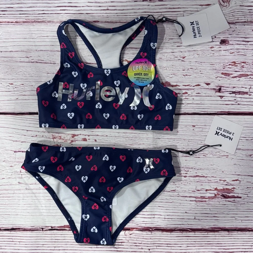 NWT Hurley Girl's Two-Piece Racerback Bikini Swim Set in Midnight Navy Sz 6